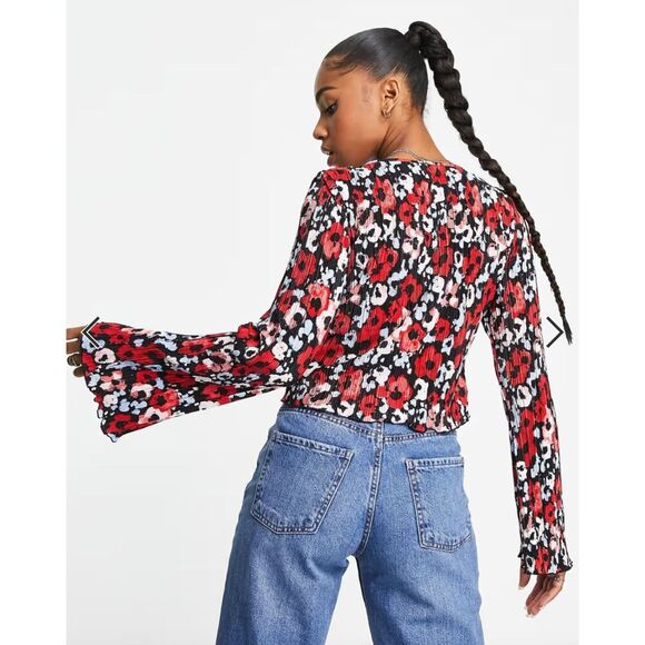 MONKL Women's Cut Plisse Red Floral Print Tie Front Bell Sleeve Cardigan Size S - Picture 5 of 8